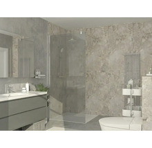 Baie modernă cu duș de tip walk-in din sticlă, mască pentru chiuvetă, plăci ceramice cu aspect de piatră și radiator decorativ.