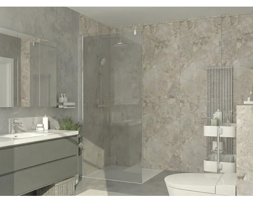 Baie modernă cu duș de tip walk-in din sticlă, mască pentru chiuvetă, plăci ceramice cu aspect de piatră și radiator decorativ.