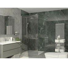 Baie modernă cu duș de tip walk-in din sticlă, dulap pentru lavoar cu chiuvetă și radiator vertical.
