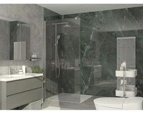 Baie modernă cu duș de tip walk-in din sticlă, dulap pentru lavoar cu chiuvetă și radiator vertical.