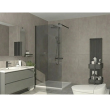 Baie modernă cu duș de tip walk-in din sticlă fumurie, sistem de duș negru, dulap de lavoar gri și radiator asortat.