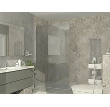 Baie modernă cu duș de sticlă, dulap gri cu lavoar alb, plăci de faianță cu aspect de piatră și radiator vertical.