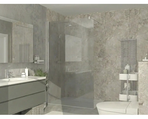 Baie modernă cu duș de sticlă, dulap gri cu lavoar alb, plăci de faianță cu aspect de piatră și radiator vertical.