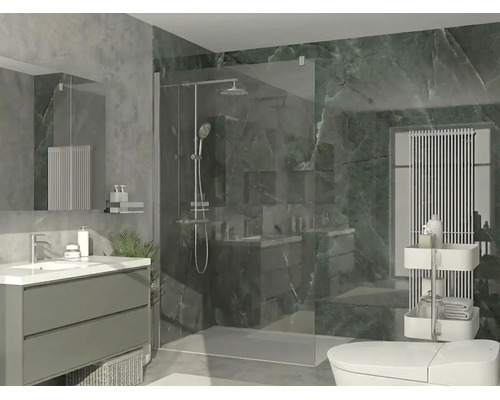 Baie modernă cu duș de tip walk-in din sticlă, sistem de duș, dulap gri pentru lavoar și plăci ceramice cu aspect de marmură verde.