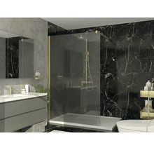 Baie modernă cu duș de tip walk-in din sticlă, profiluri aurii, plăci de marmură neagră și dulap de lavoar gri cu baterie aurie.