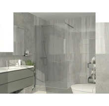Baie modernă și luminoasă cu duș de sticlă de tip walk-in, mască pentru chiuvetă gri și faianță cu aspect de piatră naturală.
