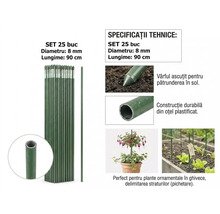 Set de 25 tije pentru plante din oțel plastificat, diametru 8 milimetri, lungime 90 centimetri, cu vârf ascuțit și interior gol.