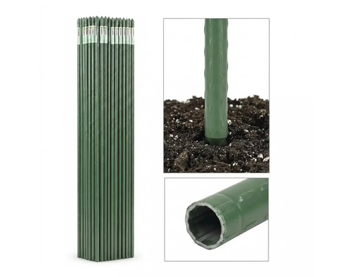 Tije metalice verzi pentru plante, învelite în plastic, cu suprafață texturată, detaliu cu vârful în pământ și secțiune prin tubul gol.