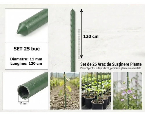 Set de 25 araci de susținere plante din metal plastificat, diametru 11 milimetri, lungime 120 centimetri, pentru grădină.