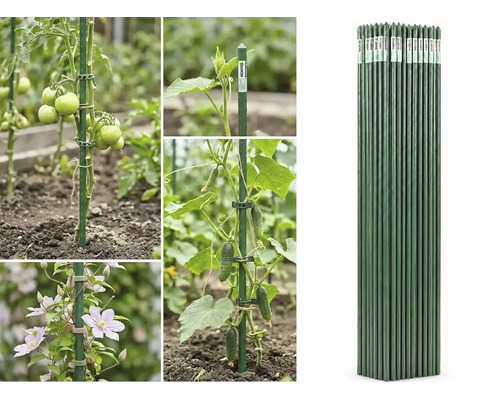 Araci pentru plante pentru susținerea tomatelor, castraveților și florilor în grădină, prezentați în mănunchi și în utilizare la diverse plante.