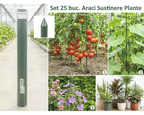 Set de 25 araci metalici pentru susținerea tomatelor, castraveților și plantelor de apartament în grădină și casă.