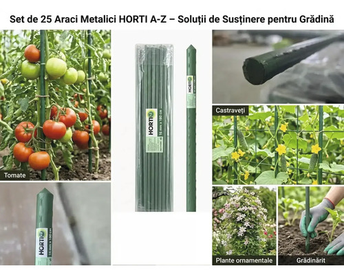 Set de 25 araci metalici înveliți în plastic HORTI A-Z pentru susținerea tomatelor, castraveților și a plantelor ornamentale în grădină.