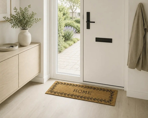 Preș de intrare din cocos cu textul HOME și model cu frunze într-un hol luminos.