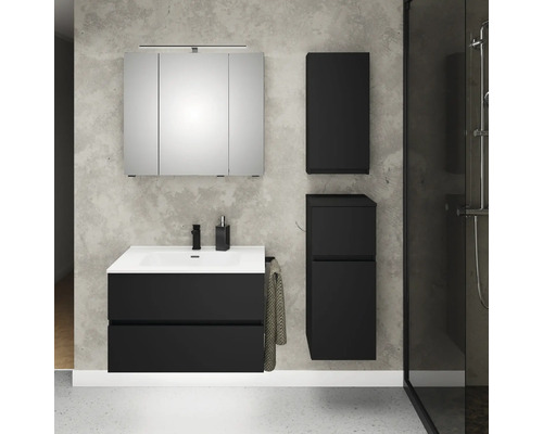 Set modern de mobilier de baie gri închis cu mască pentru chiuvetă, lavoar alb, dulap cu oglindă și două dulapuri suspendate.