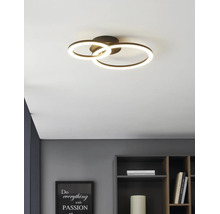 Plafonieră LED modernă cu două inele luminoase într-o cameră luminoasă și organizată deasupra unui raft.