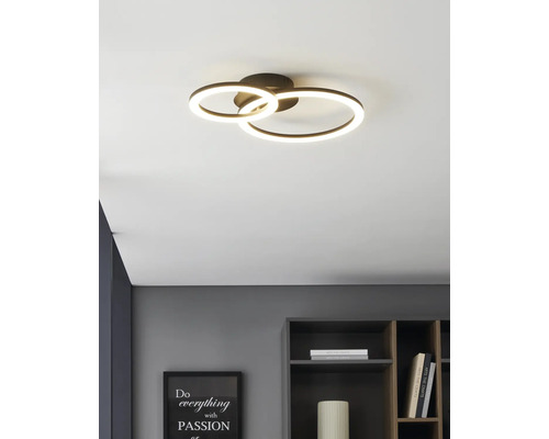 Plafonieră LED modernă cu două inele luminoase într-o cameră luminoasă și organizată deasupra unui raft.