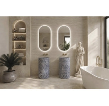 Baie modernă de lux cu două lavoare coloană din piatră cu model, oglinzi ovale iluminate, cadă freestanding și baterii aurii.