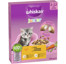 Hrană Whiskas Junior cu pui pentru pisici de la 2 la 12 luni, 300 grame, ingrediente de înaltă calitate, fără coloranți artificiali.