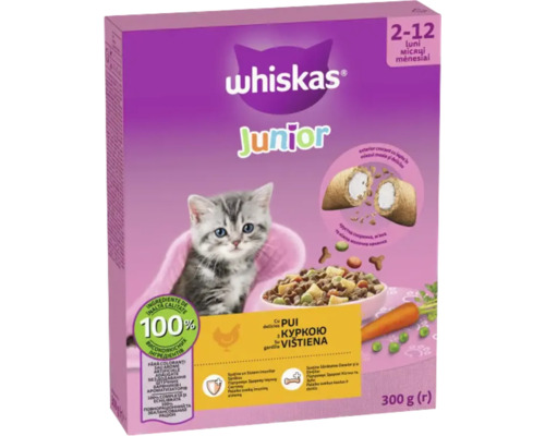 Hrană Whiskas Junior cu pui pentru pisici de la 2 la 12 luni, 300 grame, ingrediente de înaltă calitate, fără coloranți artificiali.