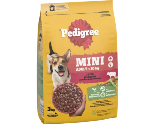 Hrană uscată Pedigree pentru câini adulți de talie mică până la 10 kilograme, cu vită și legume, pungă de 3 kilograme.