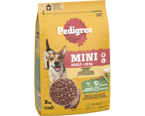 Hrană uscată Pedigree Mini Adult pentru câini sub 10 kilograme, cu pasăre și legume, 3 kilograme.
