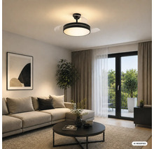 Sufragerie modernă cu ventilator de tavan negru cu lumină LED și palete retractabile, canapea deschisă la culoare, măsuță de cafea și balcon.