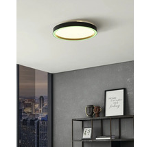 Plafonieră LED rotundă modernă cu cadru negru și inel luminos verde într-o cameră cu perete gri și raft metalic.