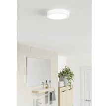 Plafonieră LED rotundă într-o baie luminoasă și modernă, deasupra unei oglinzi cu poliță și a unei plante de apartament.