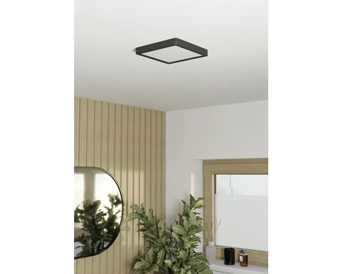 Plafonieră LED pătrată într-o cameră luminoasă, cu design modern, cu panouri de perete cu aspect de lemn, o oglindă ovală și o plantă de apartament.