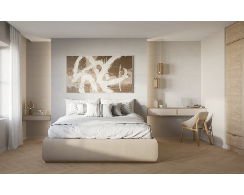 Dormitor modern cu pat tapițat deschis la culoare, tablou abstract, panouri de perete, măsuță de toaletă și parchet tip brăduț.