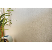 Tapet cu model fin tip os de pește și aspect textil pe un perete, lângă o plantă de apartament.