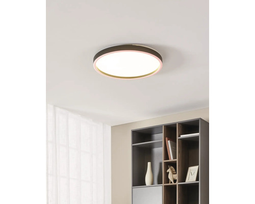 Plafonieră LED rotundă modernă cu lumină albă caldă și margine colorată pe un tavan într-o cameră luminoasă, organizată cu un raft.