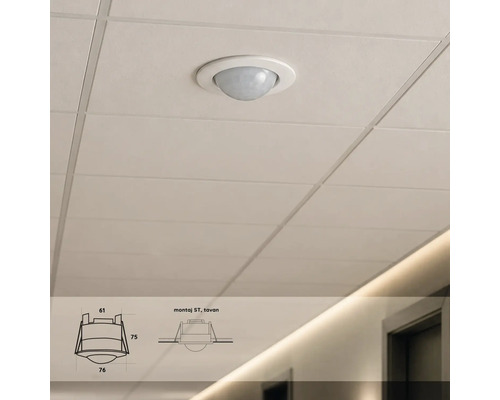 Detector de mișcare încastrat pentru montarea pe tavan într-un plafon casetat, cu desen tehnic și dimensiuni.