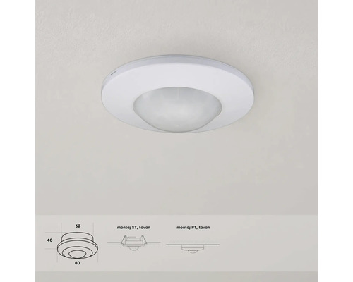 Senzor de mișcare rotund pentru montaj pe tavan cu reprezentare schematică a dimensiunilor de montaj și a tipurilor de instalare.