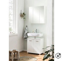 Set modern de mobilier pentru baie format din chiuvetă albă, mască pentru chiuvetă cu două uși și dulap cu oglindă cu trei uși. (Image AI modified or generated)