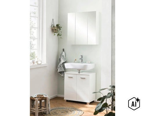 Set modern de mobilier pentru baie format din chiuvetă albă, mască pentru chiuvetă cu două uși și dulap cu oglindă cu trei uși. (Image AI modified or generated)
