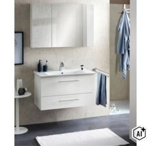 Set modern de mobilier pentru baie, compus dintr-o mască de chiuvetă suspendată, albă, cu două sertare și un dulap cu oglindă. (Image AI modified or generated)