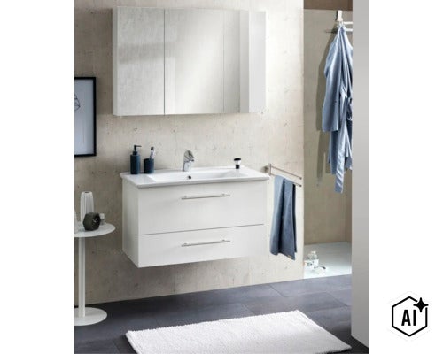 Set modern de mobilier pentru baie, compus dintr-o mască de chiuvetă suspendată, albă, cu două sertare și un dulap cu oglindă. (Image AI modified or generated)