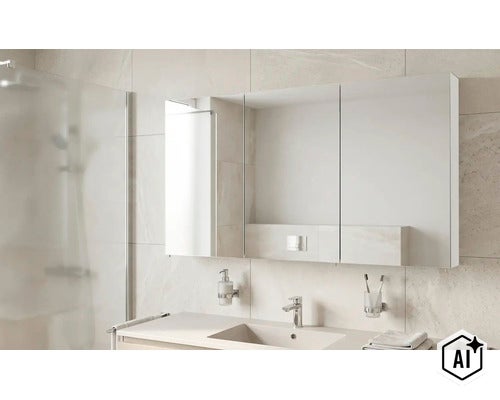 Dulap cu oglindă cu trei uși deasupra unei chiuvete moderne într-o baie cu plăci ceramice deschise, baterie și paravan de duș din sticlă. (Image AI modified or generated)