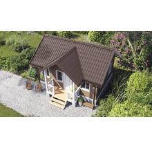 Căsuță de grădină din lemn cu copertină, verandă și acoperiș în două ape în grădină