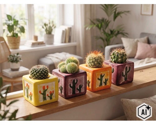 Mască pentru flori Kaktus, ceramică 5,5x5,5x7,5 cm, sortat (Image AI modified or generated)