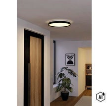 Plafonieră LED rotundă și plată cu cadru negru, iluminată într-un hol modern cu ușă din lemn și plantă. (Image AI modified or generated)
