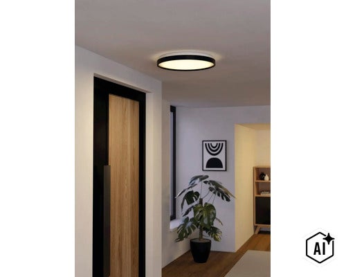 Plafonieră LED rotundă și plată cu cadru negru, iluminată într-un hol modern cu ușă din lemn și plantă. (Image AI modified or generated)