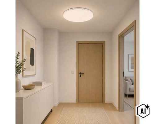 Plafonieră LED rotundă într-un hol luminos cu ușă din lemn și comodă modernă. (Image AI modified or generated)