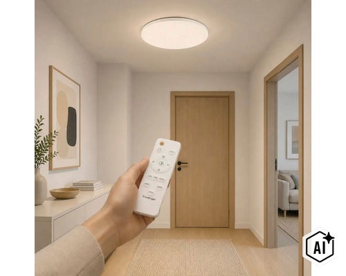 O persoană controlează o plafonieră rotundă pe un hol luminos folosind o telecomandă. (Image AI modified or generated)