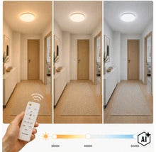 Plafoniera LED cu telecomanda pentru reglarea temperaturii de culoare de la 3000 la 6500 Kelvin, montata pe un hol luminos. (Image AI modified or generated)