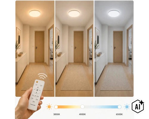Plafoniera LED cu telecomanda pentru reglarea temperaturii de culoare de la 3000 la 6500 Kelvin, montata pe un hol luminos. (Image AI modified or generated)