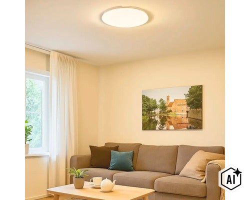 Plafonieră rotundă cu LED într-un living amenajat confortabil, cu canapea și măsuță de cafea. (Image AI modified or generated)
