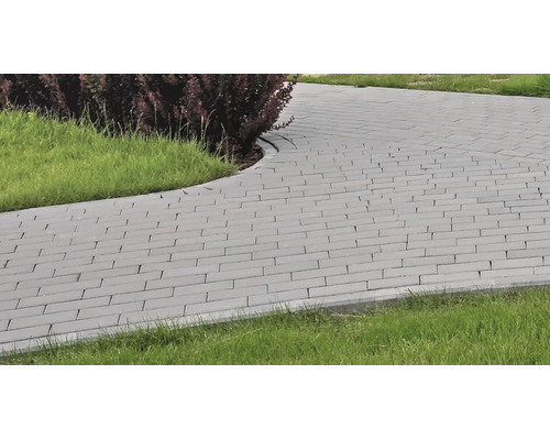 Alee de grădină pavată cu pavele dreptunghiulare din beton, cu gazon adiacent și vegetație.