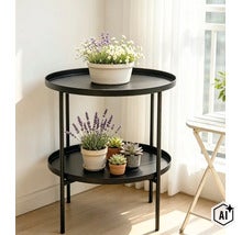 Masuta de cafea rotunda din metal cu doua rafturi decorata cu plante in ghiveci intr un spatiu de locuit luminos. (Image AI modified or generated)